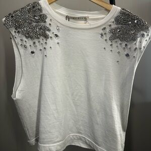 alice + olivia white and silver diamanté sleeveless crop top